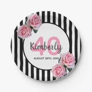 40th birthday party pink roses black white stripes paper plate