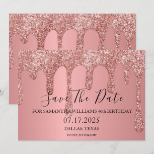 40th Birthday Party Pink Sparkle Glitter Drips Save The Date