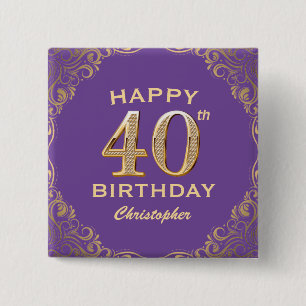 40th Birthday Party Purple and Gold Glitter Frame 15 Cm Square Badge