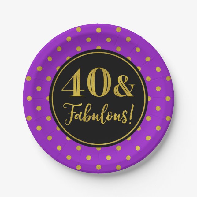 40th Birthday Party Purple Black Gold Dots Paper Plate (Front)