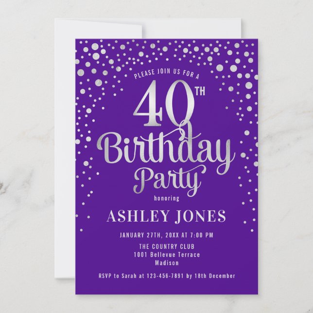 40th Birthday Party - Purple & Silver Invitation (Front)