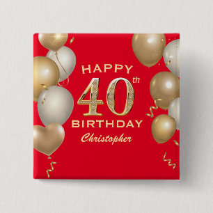 40th Birthday Party Red and Gold Balloons 15 Cm Square Badge