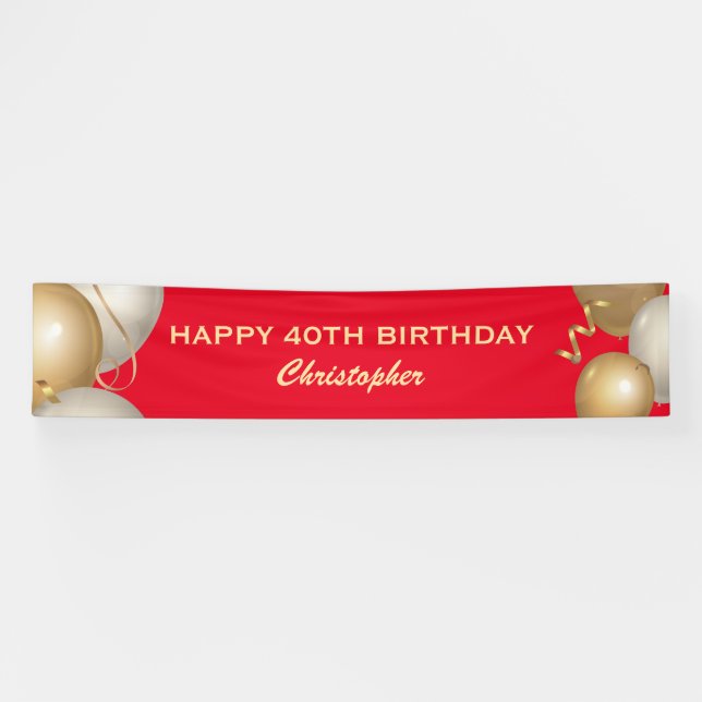40th Birthday Party Red and Gold Balloons Banner (Horizontal)