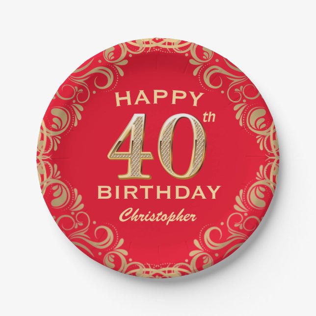 40th Birthday Party Red and Gold Glitter Frame Paper Plate (Front)