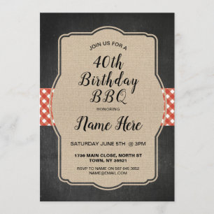 40th Birthday Party Red Gingham Burlap BBQ Invite