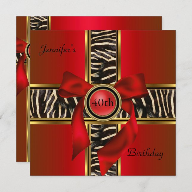 40th Birthday Party Red Gold Animal Wild Bow Invitation (Front/Back)