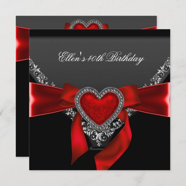 40th Birthday Party Red Heart Jewel Black White Invitation (Front/Back)
