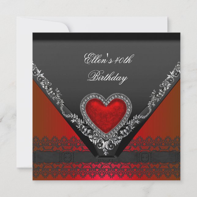 40th Birthday Party Red Heart Jewel Black White Invitation (Front)
