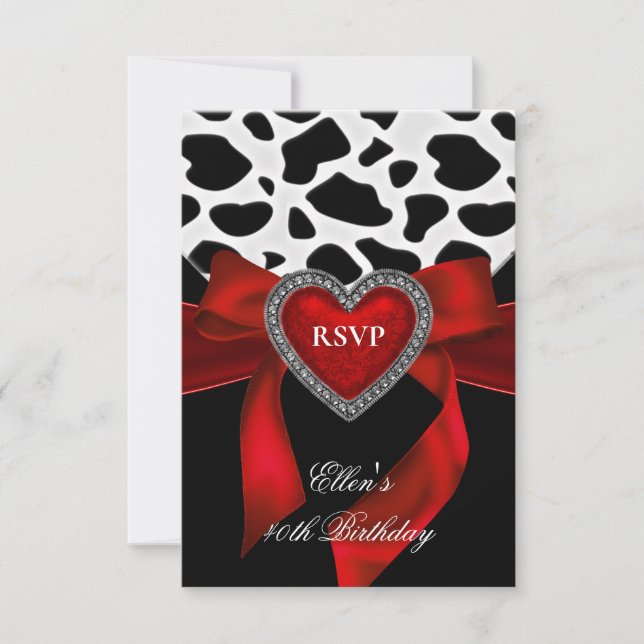 40th Birthday Party Red Heart Jewel Cow Black Bow RSVP Card (Front)