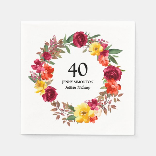 40th Birthday Party Red Orange Yellow Fall Floral Napkin (Front)