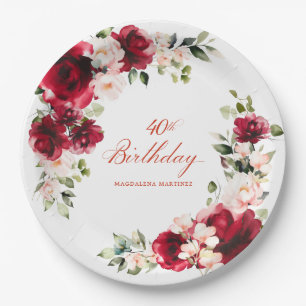40th Birthday Party Red Pink Floral Custom Paper Plate