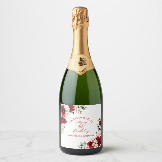 40th Birthday Party Red Pink Floral Custom Sparkling Wine Label (Front)