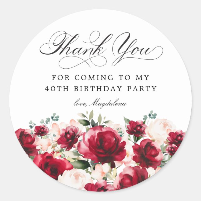 40th Birthday Party Red Pink Floral Thank You Classic Round Sticker (Front)
