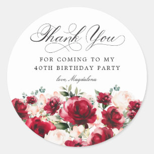 40th Birthday Party Red Pink Floral Thank You Classic Round Sticker