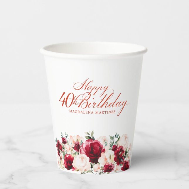 40th Birthday Party Red Rose Pink Peony Custom Paper Cups (Front)