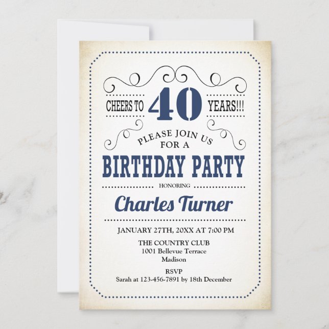 40th Birthday Party - Retro Creamy White and Navy Invitation (Front)