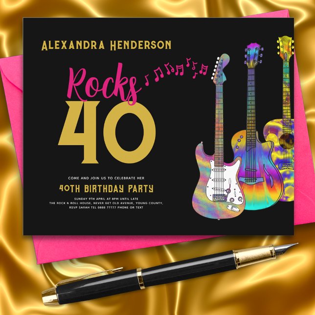 40th Birthday Party Rocks 40 Budget (Rock and roll pink black and gold 40th birthday party budget invitation )