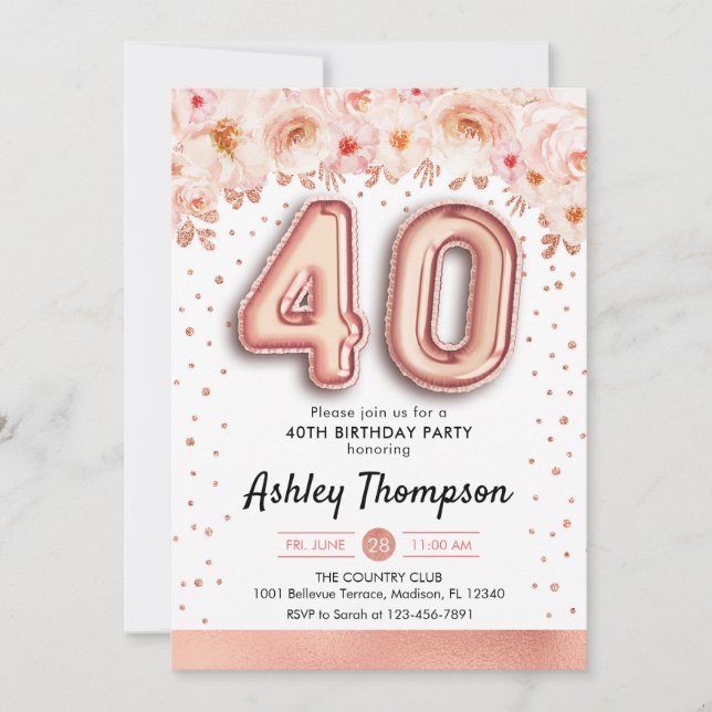 40th Birthday Party - Rose Gold Balloons Invitation (Front)