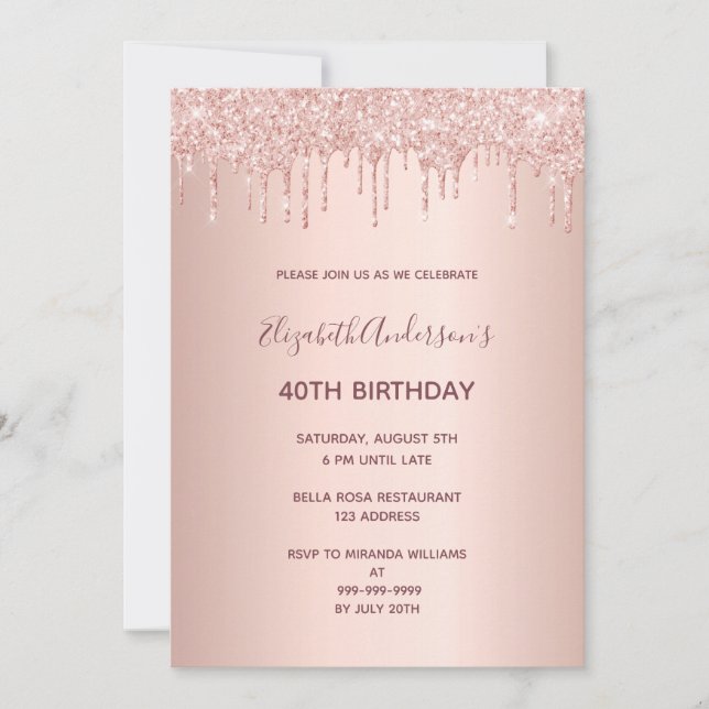 40th birthday party rose gold glitter drip invitation (Front)