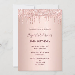 40th birthday party rose gold glitter drip invitation