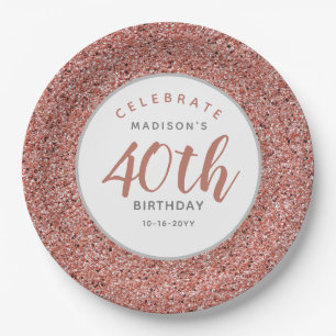 40th Birthday Party Rose Gold Glitter Personalised Paper Plate
