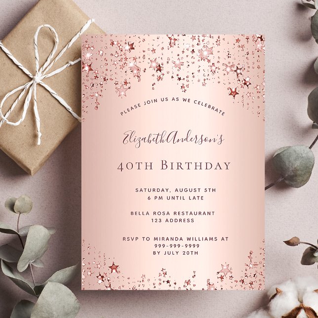 40th birthday party rose gold stars invitation postcard (Creator Uploaded)