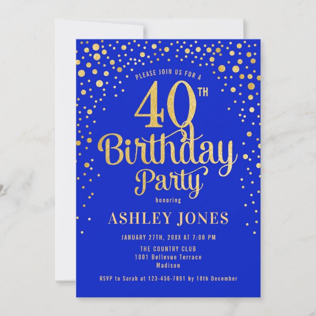 40th Birthday Party - Royal Blue & Gold Invitation (Front)