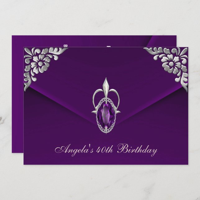 40th Birthday Party Royal Silver Plum Velvet Pearl Invitation (Front/Back)