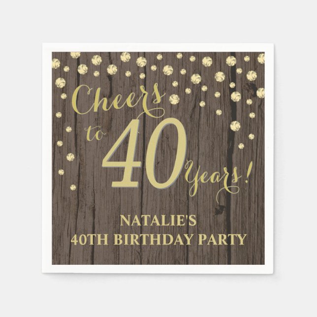 40th Birthday Party Rustic Wood and Gold Diamond N Napkin (Front)