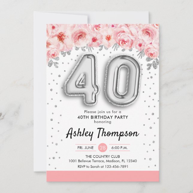 40th Birthday Party - Silver Balloons Invitation (Front)