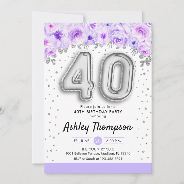 40th Birthday Party - Silver Balloons Purple Invitation (Front)