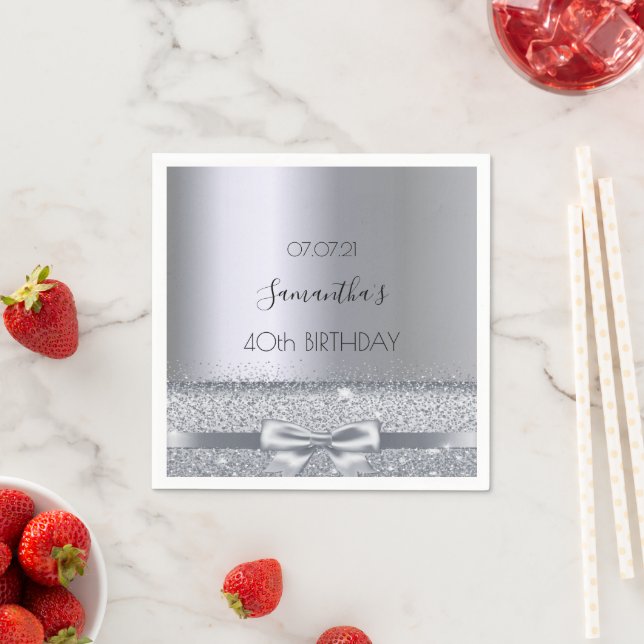 40th birthday party silver bow napkin (Insitu)