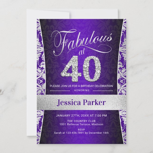 40th Birthday Party - Silver Purple Invitation (Front)
