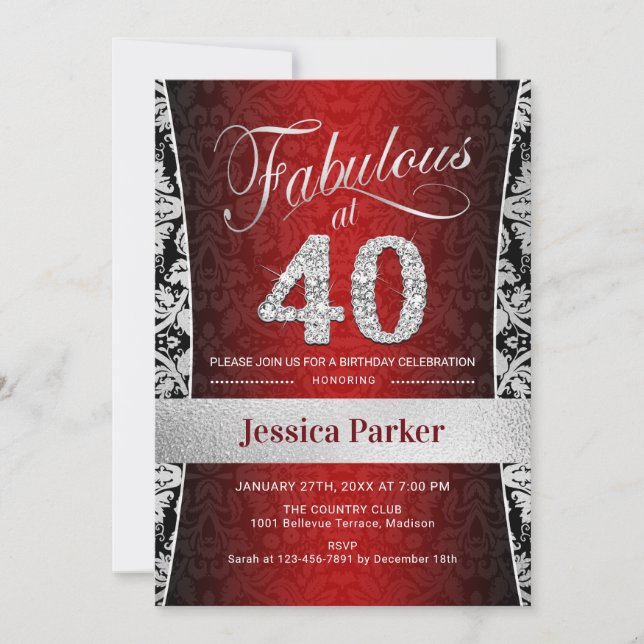 40th Birthday Party - Silver Red Black Invitation (Front)