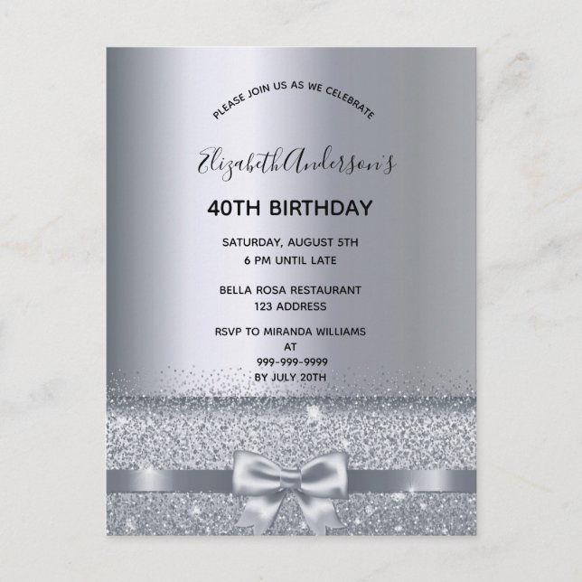 40th birthday party silver sparkle invitation postcard (Front)
