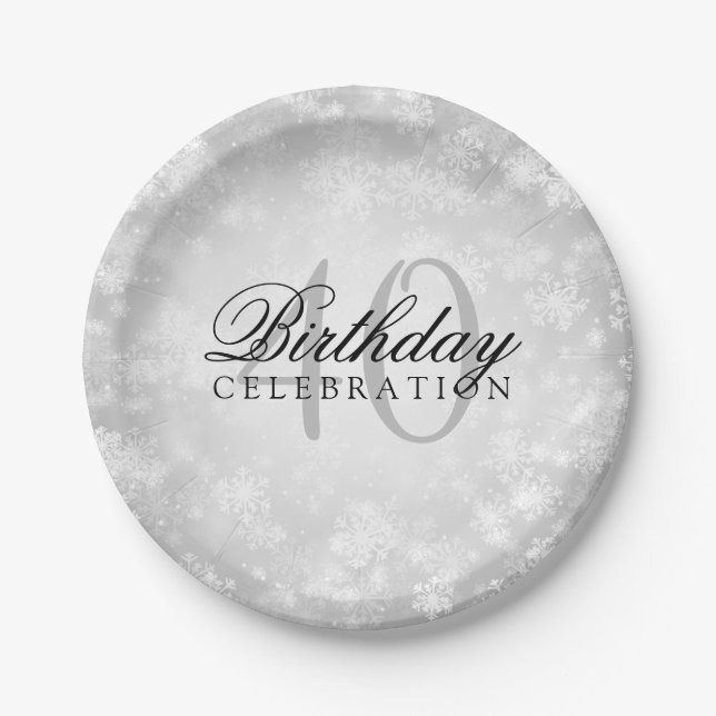40th Birthday Party Silver Winter Wonderland Paper Plate (Front)