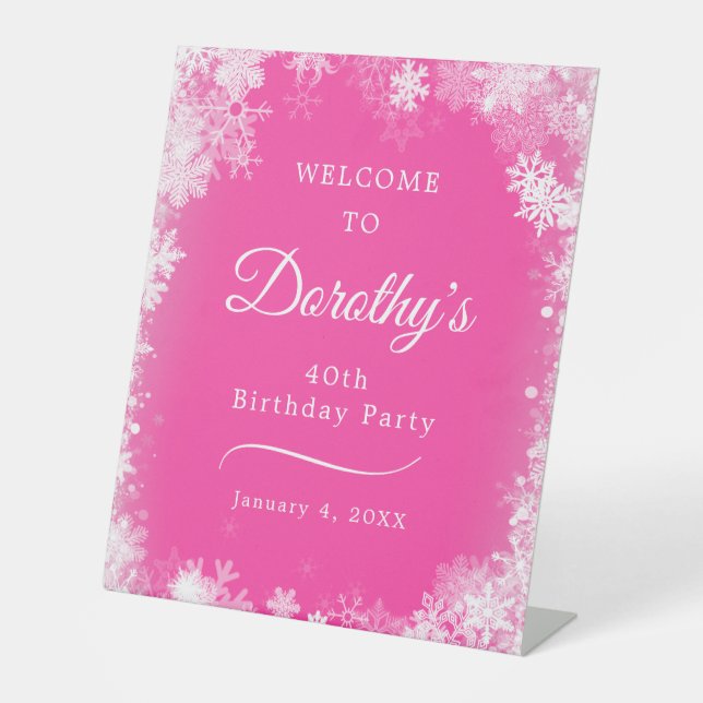 40th Birthday Party Snowflake Pink Welcome Pedestal Sign (Front)