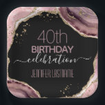 40th Birthday Party Stone and Gold Paper Plate<br><div class="desc">Faux gold glitter and pink and purple agate border. All text is adjustable and easy to change for your own party needs. Great elegant 40th birthday template design.</div>