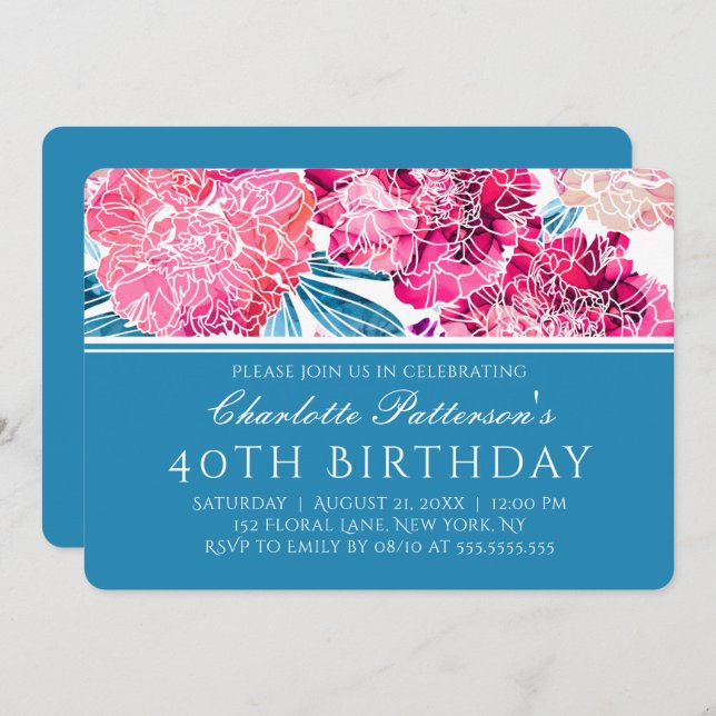 40th Birthday Party Stylish Pink Floral Pattern Invitation (Front/Back)