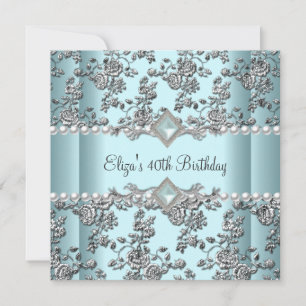 40th Birthday Party Teal Blue White Pearl Silver Invitation