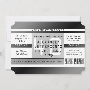 40th Birthday Party Ticket Shaped Invitations