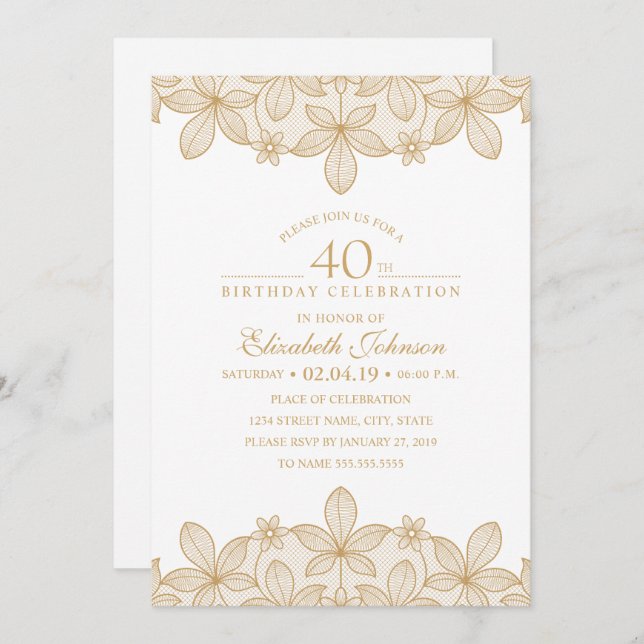 40th Birthday Party Unique Golden Lace Invitation (Front/Back)