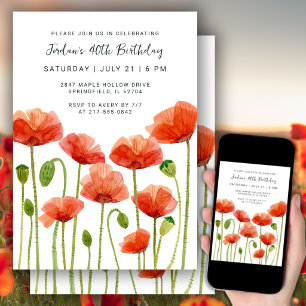 40th Birthday Party Watercolor Floral Poppies  Invitation