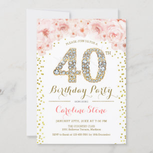 40th Birthday Party - White Gold Pink Invitation