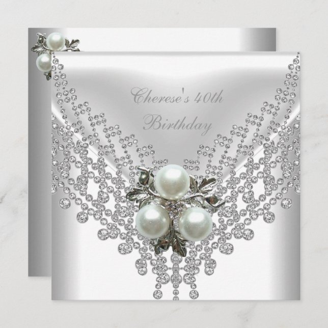40th Birthday Party White Pearl Diamond Jewel Invitation (Front/Back)