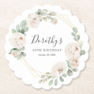 40th Birthday Party White Rose Floral Custom Paper Coaster