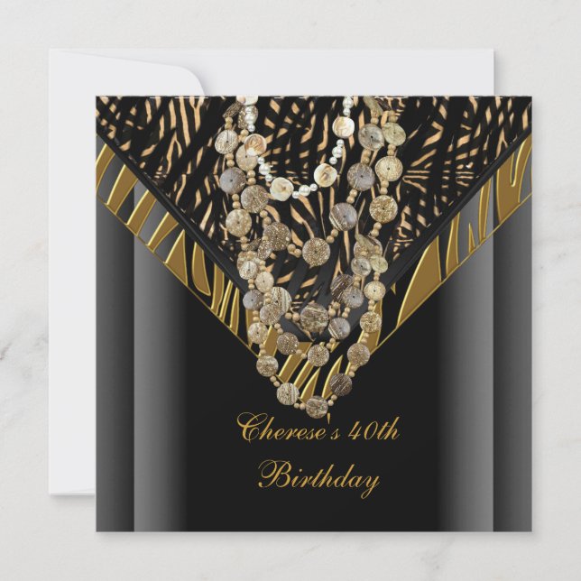 40th Birthday Party Zebra Gold Bronze Wild Black Invitation (Front)