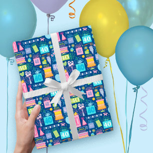 40th Birthday Pastel Blue Cake Presents Balloons Wrapping Paper Sheet