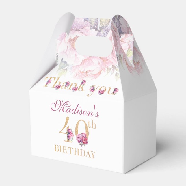 40th Birthday Peonies Pink Gold Glitter Custom Favour Box (Front Side)