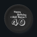 40th Birthday Personalised Black Paper Plate<br><div class="desc">Add a Name to these Custom 40th Birthday Party Supplies.  Say Happy Birthday with black with white typography text Over the Hill theme Celebration Paper Plate.</div>